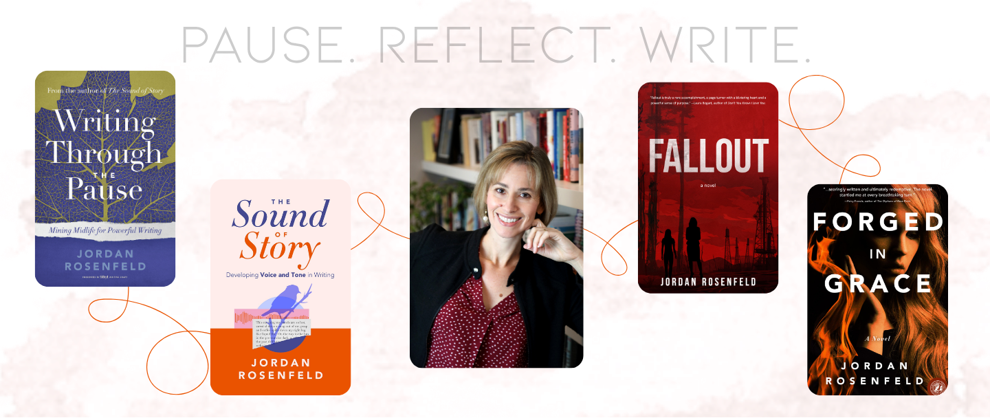 Jordan Rosenfeld site header featuring FallOut, Sound of Story, Writing through the Pause, Woman in Red, and author photo